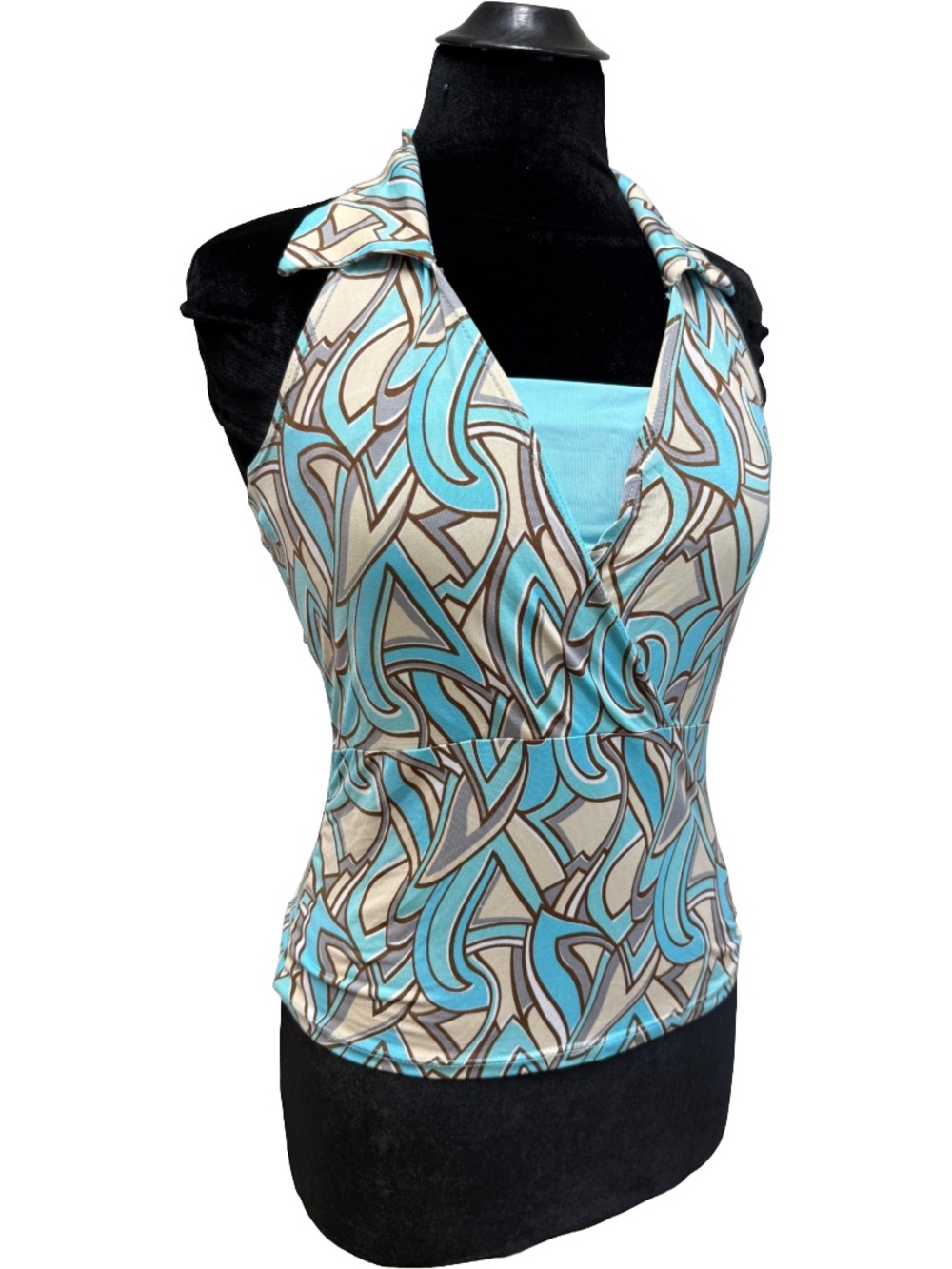 Y2K Abstract Swirl Faux Wrap Collared Halter Top